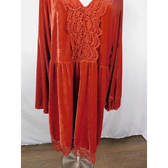 Rusttydustty Dress Womens 2XL Rust Velvet Boho Lace Trim Long Sleeve V Neck - Picture 3 of 11